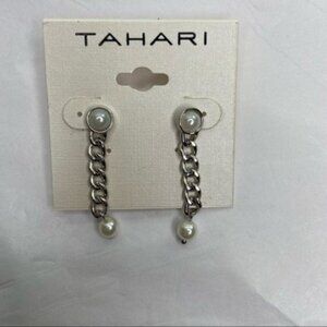 Tahari Silver Tone Pearl Post Chain Dangle with Pearl Drop Earrings NEW